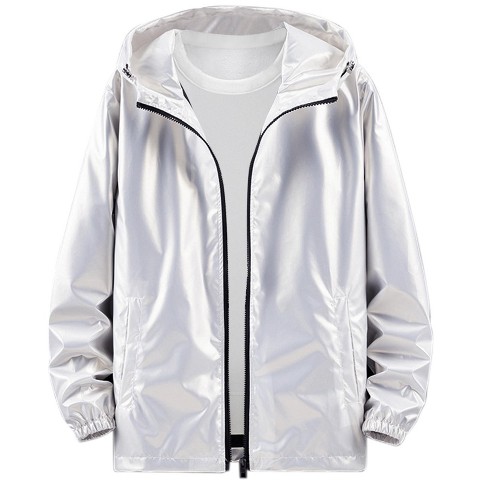 Lars Amadeus Men's Long Sleeves Shiny Party Metallic Hoodie Windbreakers Silver Medium