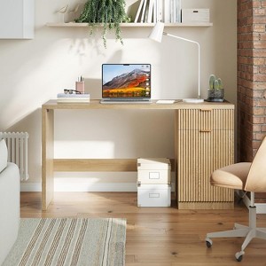 DobleePy 60" Executive Desk with Storage, Modern Home Office Computer Desk, Writing Table with Drawers & Adjustable Shelves, Natural Oak - 1 of 4