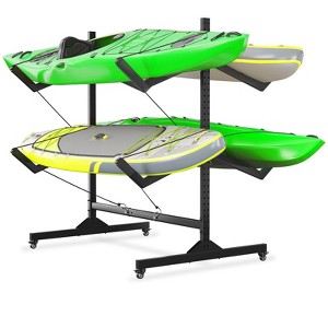 2-6 Kayak Freestanding Storage Rack - Heavy-Duty Steel Kayak Holder with Movable Wheels & Hanging Straps for Outdoor Use (Select Size, Black) - 1 of 4