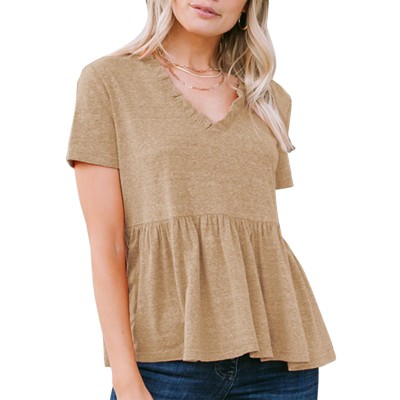 EXLURA Women's Summer Short Sleeve Peplum Babydoll Tops Cute V Neck T Shirts
