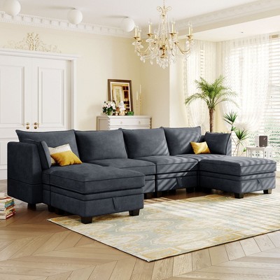 115.1" Modern Large U-Shape Modular Sectional Sofa with Reversible Ottoman & Storage Seat, Convertible to Bed