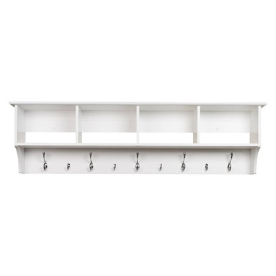 Expansive White Laminated Entryway Hanging Shelf with Hooks