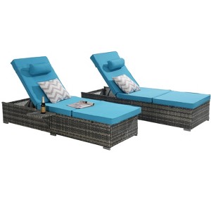 Gulches Dark Gray Rattan Patio Chaise Lounges Set - Outdoor Sofa Deck Chair with Light Blue Cushions - 1 of 4