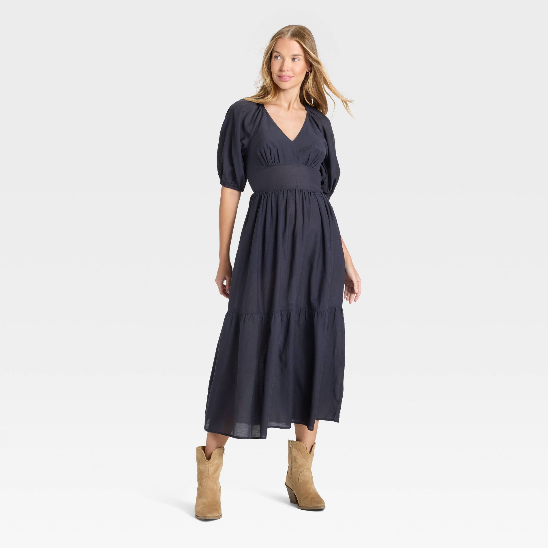 Women's Puff Elbow Sleeve Maxi A-Line Dress - Universal Thread™ Navy Blue L
