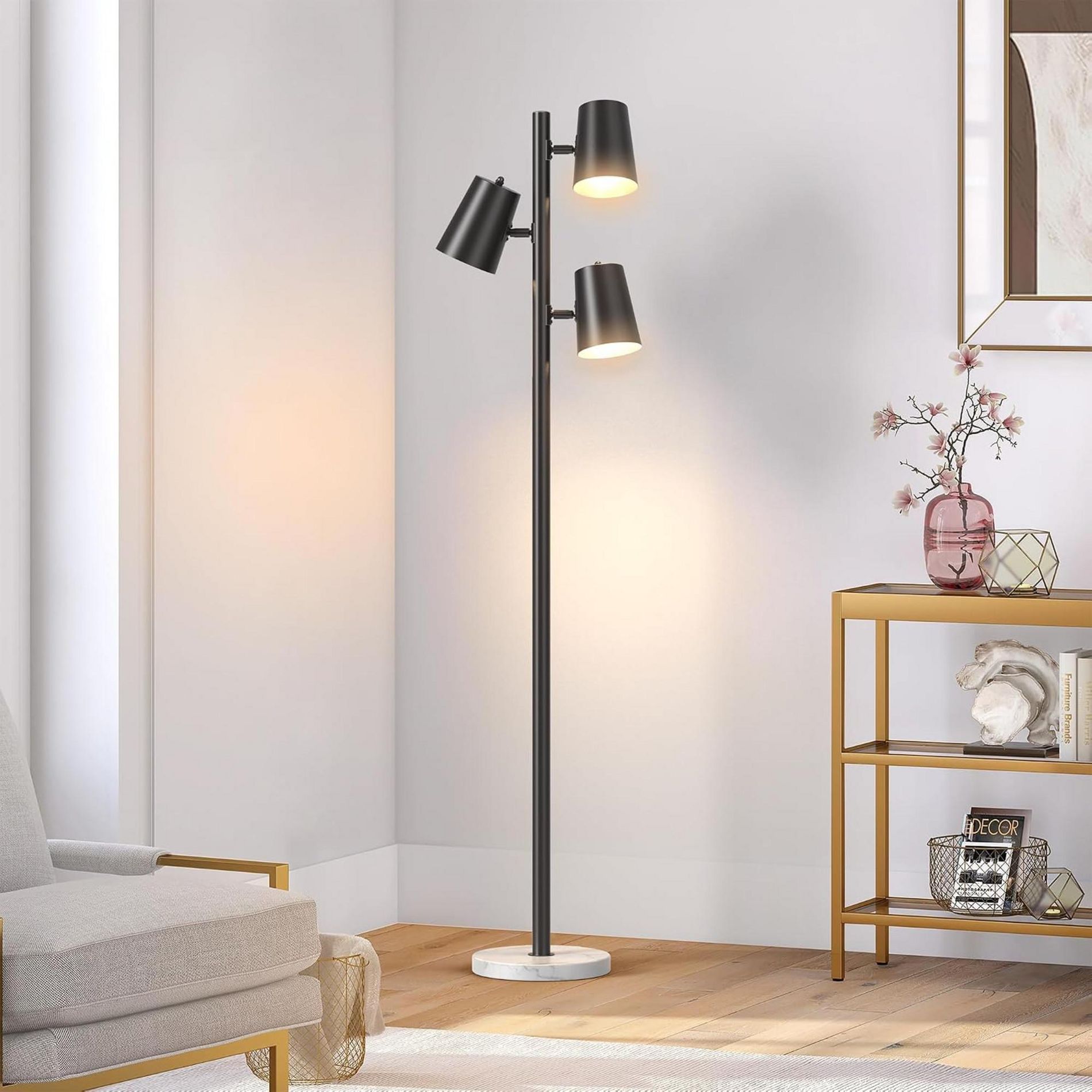 62" Modern Tree Floor Lamp for Living Room, Black Standing Lamp with 3 Rotatable Light Heads, Industrial Tall Lamp with White Marble Base for Bedroom