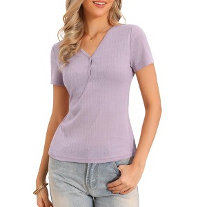 INSPIRE CHIC Women's Short Sleeve V Neck Button Summer Causal Ribbed Henley Tops - 1 of 4