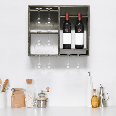 Rustic Gray Wall Mounted Wood Wine Rack with Glass Holder