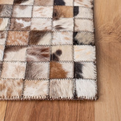 Hand-Stitched Geometric Beige & Brown Cowhide Area Rug