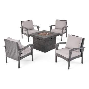 Keana 5pc Faux Rattan Club Chair & Fire Pit Chat Set - Christopher Knight Home