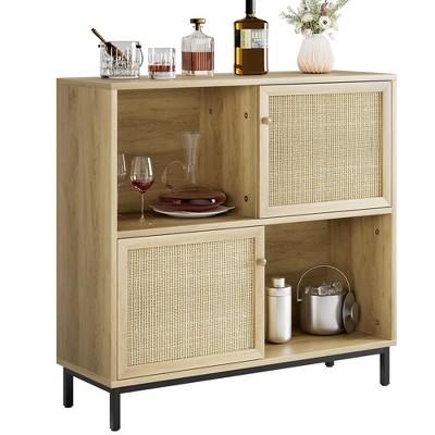 Coffee Bar Cabinet, Sideboard Buffet Cabinet with Sliding Door, Wood Display Accent Cabinet, for Living Room, Kitchen, Dining Room, Rattan
