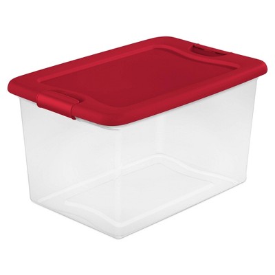 Sterilite 64 Qt Latching Storage Box, Stackable Bin With Latch Lid,  Organize Holiday Decor In Closet, Clear Base With Red Lid, 18-pack : Target