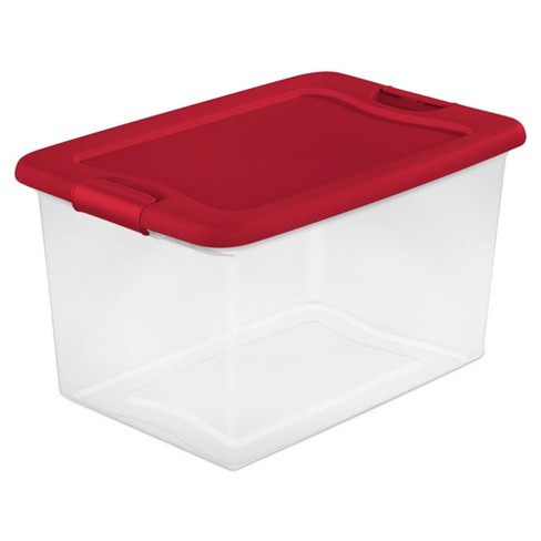 Sterilite 64 Qt Latching Storage Box, Stackable Bin With Latch Lid,  Organize Holiday Decor In Closet, Clear Base With Red Lid, 6-pack : Target