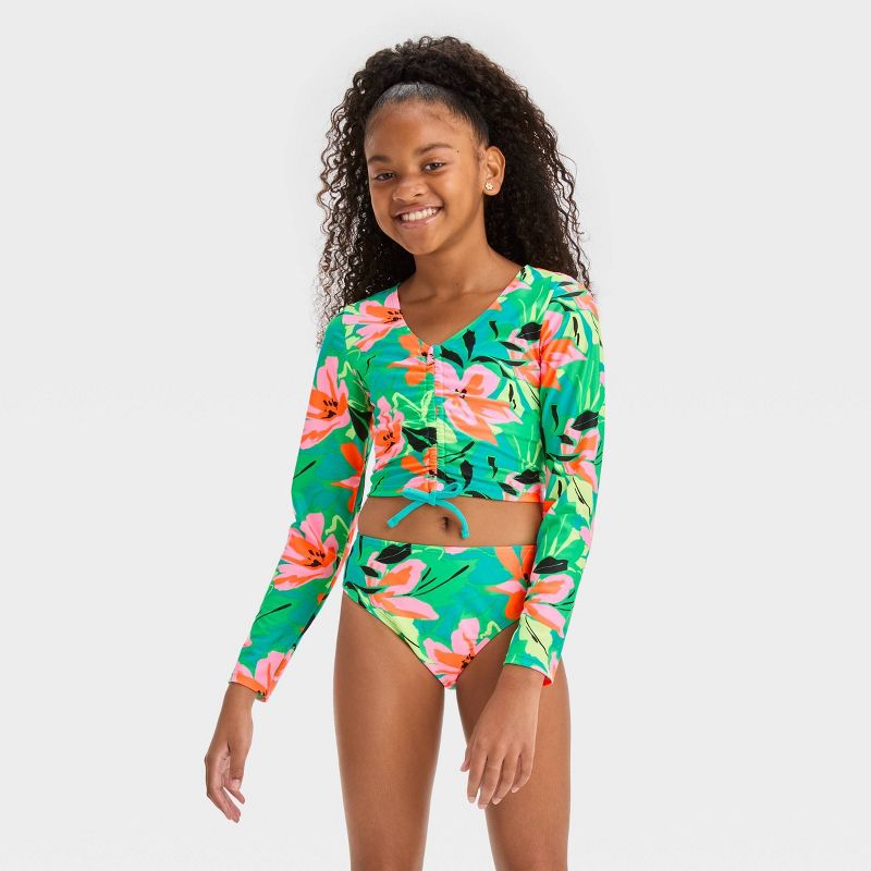 Girls' 'Abstract Blossoms' Floral Printed Rash Guard Set - art class™ Green, 1 of 6