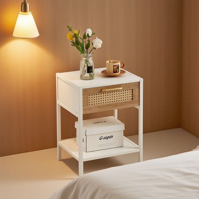 KWPZQEB Rattan Nightstands, End Table with Drawer,  Boho Bed Side Tables, Wood Accent Table for Living Room, Bedroom