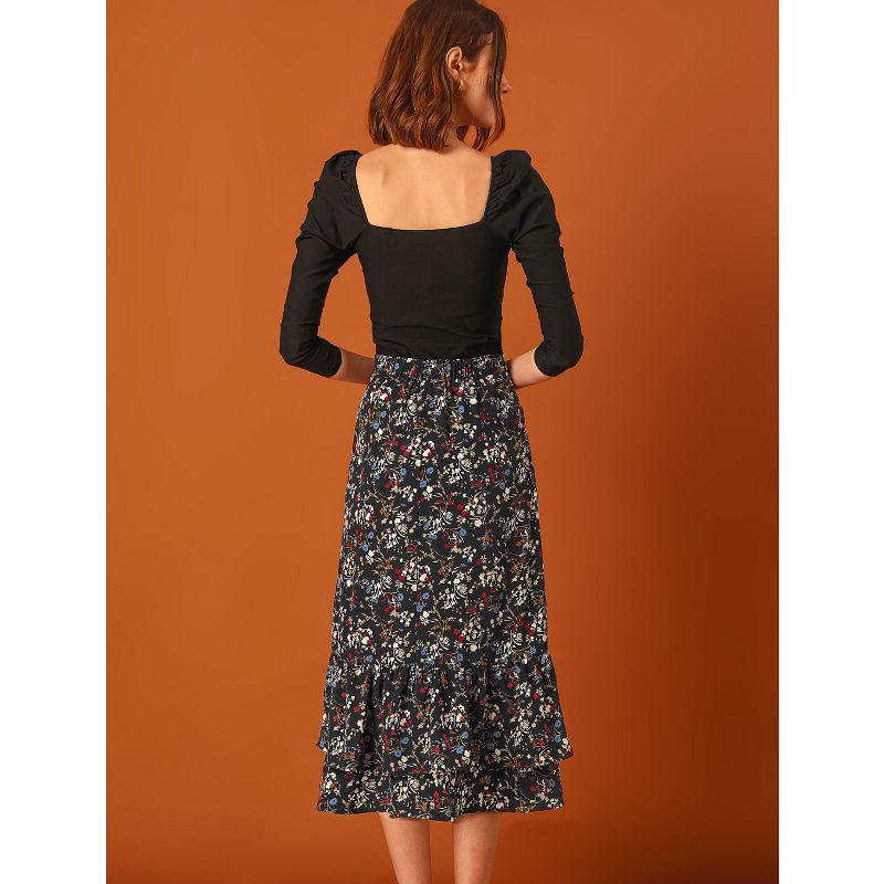 Allegra K Women's Chiffon Elastic Waist Ruffle Tiered Flowy Midi Printed Skirts, 5 of 9