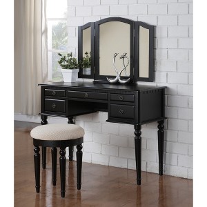 43'' Rubber Wood & MDF Contemporary dressers Set with Foldable Mirror, Storage Drawers and Padded Stool - 1 of 4
