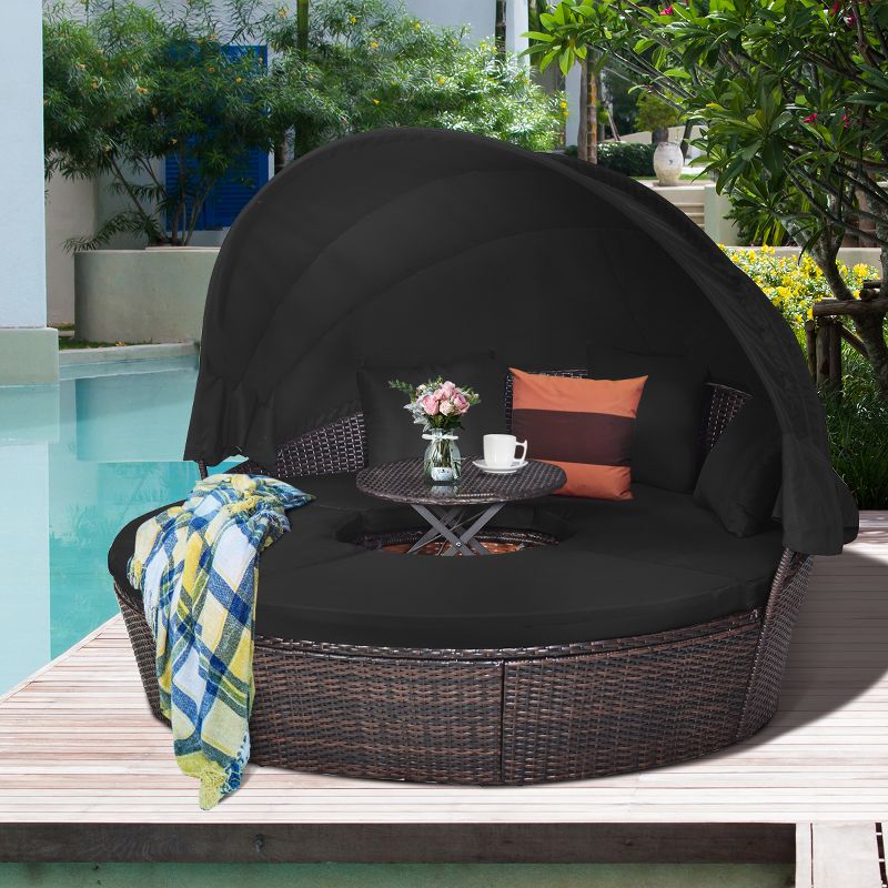 Costway Patio Rattan Daybed Cushioned Sofa Adjustable Table Top Canopy Black, 1 of 11