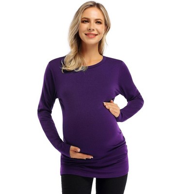 Maternity Shirt Side Button and Ruched Maternity Tunic Tops Maternity Long Sleeve T-Shirts (M,purpleRed-Long)