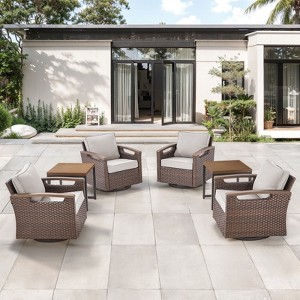 Belord Swivel Patio Chairs Swivel Rocker Set of 4 with 2 Side Tables, Brown Wicker Metal Armrest Small Patio Furniture Set Swivel Glider Chairs - 1 of 4