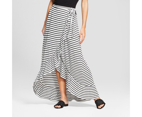 Women's Striped Tie Waist Wrap Front Hi-Low Ruffle Hem Maxi Skirt - Alison Andrews White/Black S