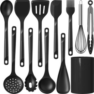 Itopfox Silicone Cooking Utensils Set - Heat Resistant, Nonstick Kitchen Tools with Spatulas, Spoons, Whisk, Tongs, Dishwasher Safe, Black - 1 of 4