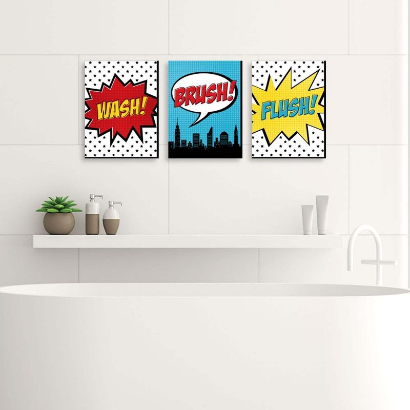 Big Dot of Happiness Bam Superhero - Kids Bathroom Rules Wall Art - 7.5 x 10 inches - Set of 3 Signs - Wash, Brush, Flush, 2 of 8