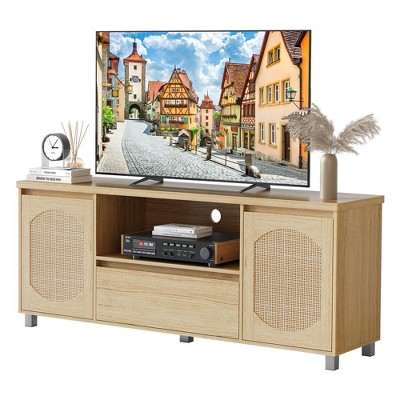 Rattan TV Stand for 55/60/65 inch TV Boho TV Console Natural Oak Entertainment Center for Living Room, 63 IN Media Console Cabinet with Drawer