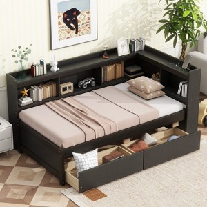 RISOKEYS Twin Size Daybed with Storage Drawers,L Shaped Wood Day Bed Frame with Bookcases,Corner Sofa Bed for Bedroom,No Box Spring Needed - 1 of 4