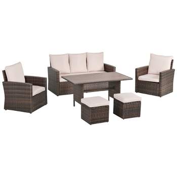 Outsunny 6 PCS Patio Dining Set All Weather Rattan Wicker Furniture Set with Wood Grain Top Table and Soft Cushions