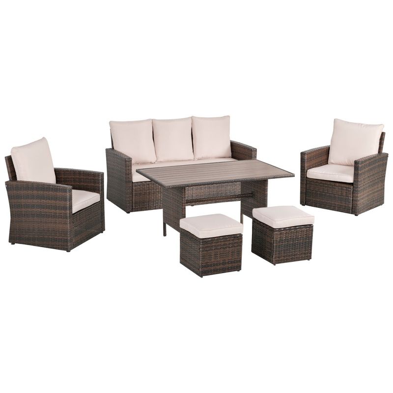 Outsunny 6 PCS Patio Dining Set All Weather Rattan Wicker Furniture Set with Wood Grain Top Table and Soft Cushions, 1 of 9