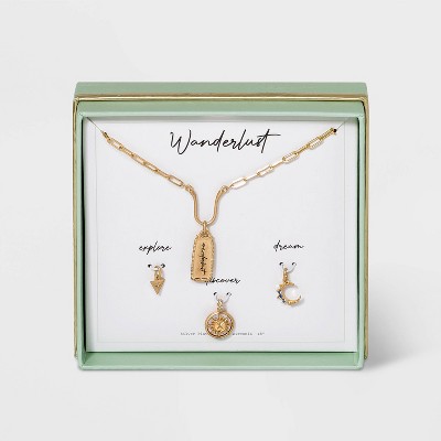 Gold Dipped Silver Plated Wanderlust Charm Chain Necklace Set - Gold