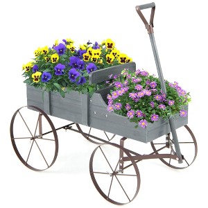 Tangkula Tangkula Wooden Garden Flower Planter Wagon Plant Bed W/ Wheel Garden Yard Gray - 1 of 4