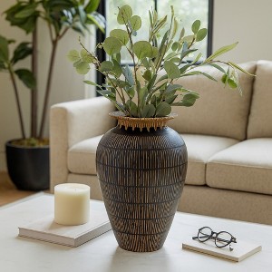 Terracotta Vase with Woven Rattan Neck - A Home Decor with Rustic Texture and Modern Style Perfect for Bedroom, Office - 19" Black & Brown - 1 of 4