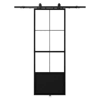 Karl Home 30 in. x 84 in. 3 Panel 3/4 Lite Clear Glass Black Finished Glass Sliding Barn Door with Hardware Kit