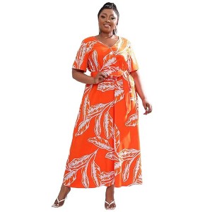Plus Size Women's V Neck Maxi Dress Belted Waist Flowy Ankle Length Casual Elegant Party Dress - 1 of 4
