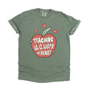 Simply Sage Market Women's Teaching Is A Work of Heart Apple Short Sleeve Garment Dyed Tee - 1 of 2