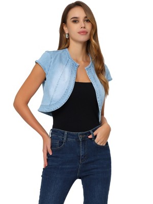 Allegra K Women's Cap Sleeve Slim Fit Summer Open Front Crop Denim ...