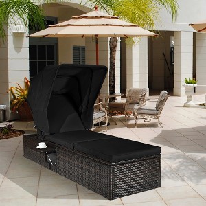 Costway Patio Rattan Lounge Chair Chaise Cushioned Top Canopy Adjustable Tea Table Black/White/Turquoise - 1 of 4