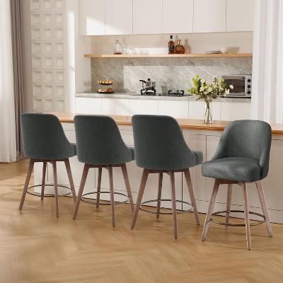Bekrvio 26" Swivel Bar Stools Set 1/2/3/4 with Solid Wood Legs, 3.15” Linen Upholstered Seat with Back, Mid-Century Bar Chairs for Kitchen Island
