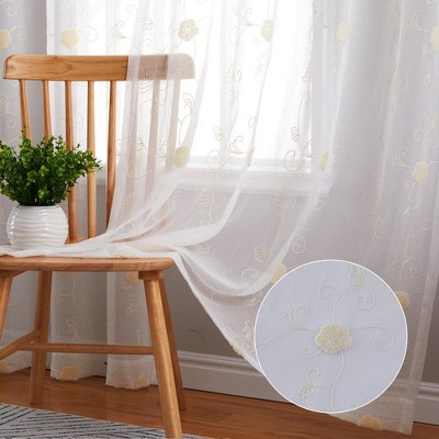 Garvee Floral Embroidered Semi Sheer Curtains Voile Grommet Farmhouse Window Treatments Set, 2 Panels