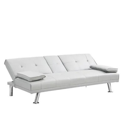 66'' Sofa Bed with Armrest two holders WOOD FRAME, STAINLESS LEG, FUTON WHITE PVC