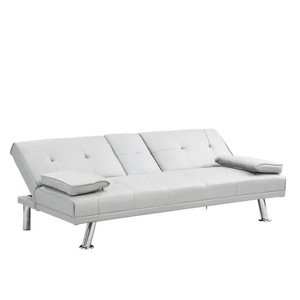 66'' Sofa Bed with Armrest two holders WOOD FRAME, STAINLESS LEG, FUTON WHITE PVC - 1 of 4