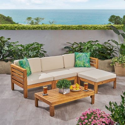 Beige Acacia Wood 3-Seater Sofa Set with Ottoman