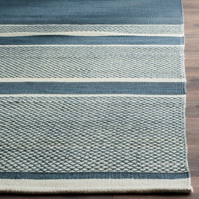 Blue and Ivory Striped Wool Cotton Kids' Washable Rug