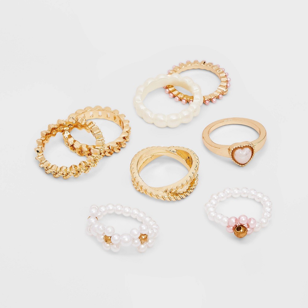 Girls' 8pk Mixed Heart Beaded Ring Set - art class™ Gold