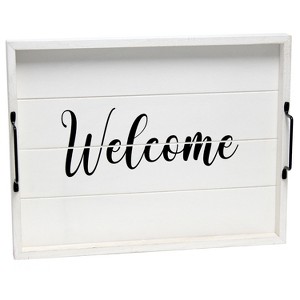 HomeRoots 16" White And Black Welcome Serving Tray With Handles - 1 of 4
