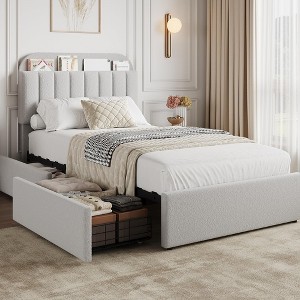 Bed Frame with Storage Headboard, Girls Bed Frame with 2 Drawers, Boucle Upholstered Platform Bed with Bookcase - 1 of 3
