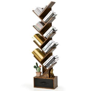 Costway 10-tier Tree Bookshelf with Drawer Free-standing Bookcase Storage Shelf White\Brown