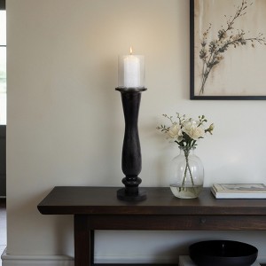 Mango Wood & Glass Candle Holder - Tall Pillar Candle Stand for Home & Office - Rustic Accent for Living Room, Bedroom, Entryway - 27" Black - 1 of 4