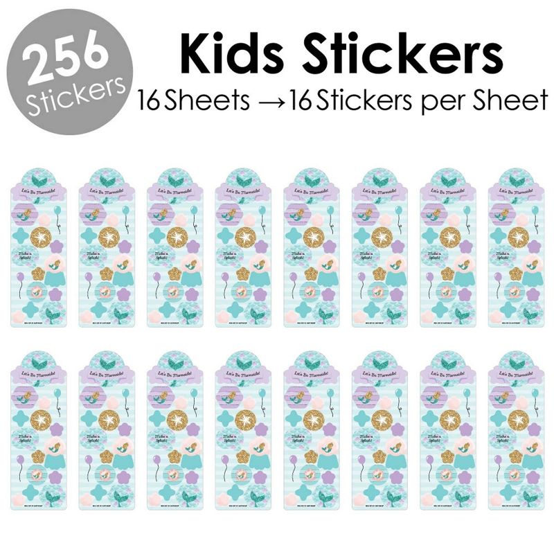 Big Dot of Happiness Let's Be Mermaids - Birthday Party Favor Kids Stickers - 16 Sheets - 256 Stickers, 2 of 8